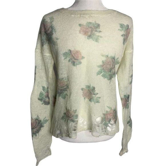 Miss Me Wool Blend Cropped Sweater L Cream Floral Knit Distressed Crew Neck - Picture 4 of 6